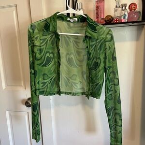 Green Sheer Patterned Cropped Button-Down Shirt